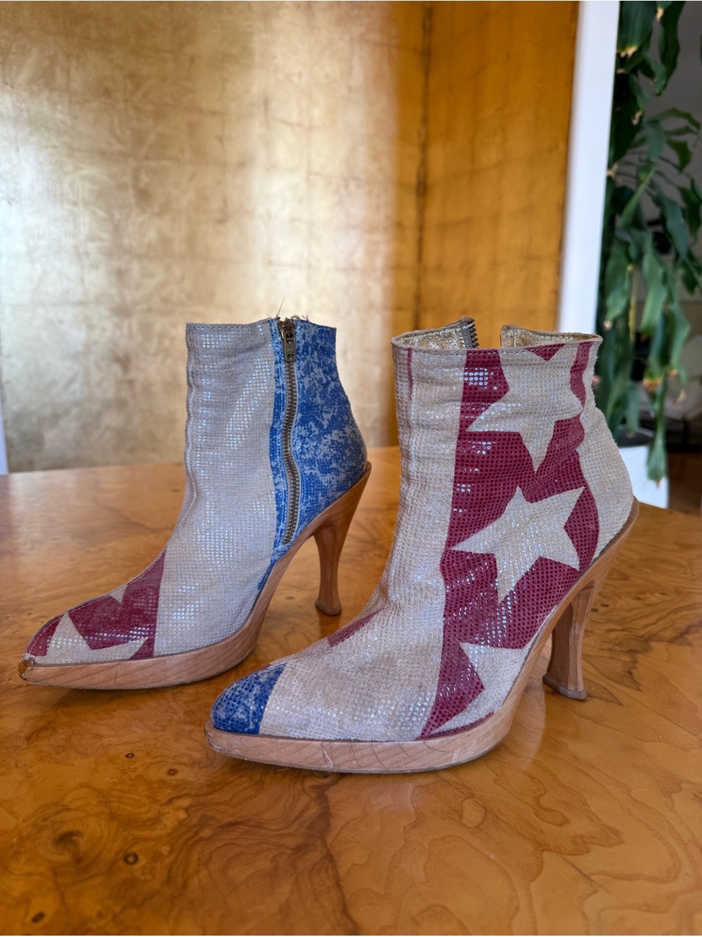 Women's Vintage Star-Print Sparkling Ankle Boots in Red, White & Blue
